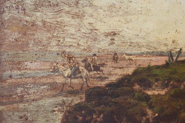 F. Fortuny, Argentinian Seascape with Horses, 1894, Oil on Panel, Framed-AOI-1344896