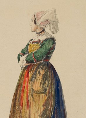 F. Perrot, Girl in French Costume, 19th-Century, Pencil-OJR-1273503