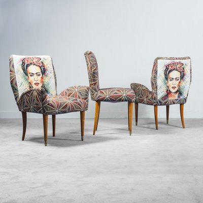 Fabric and Wood Chairs, 1950s, Set of 3-ZLY-957214