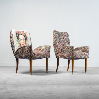 Fabric and Wood Chairs, 1950s, Set of 3-ZLY-957214