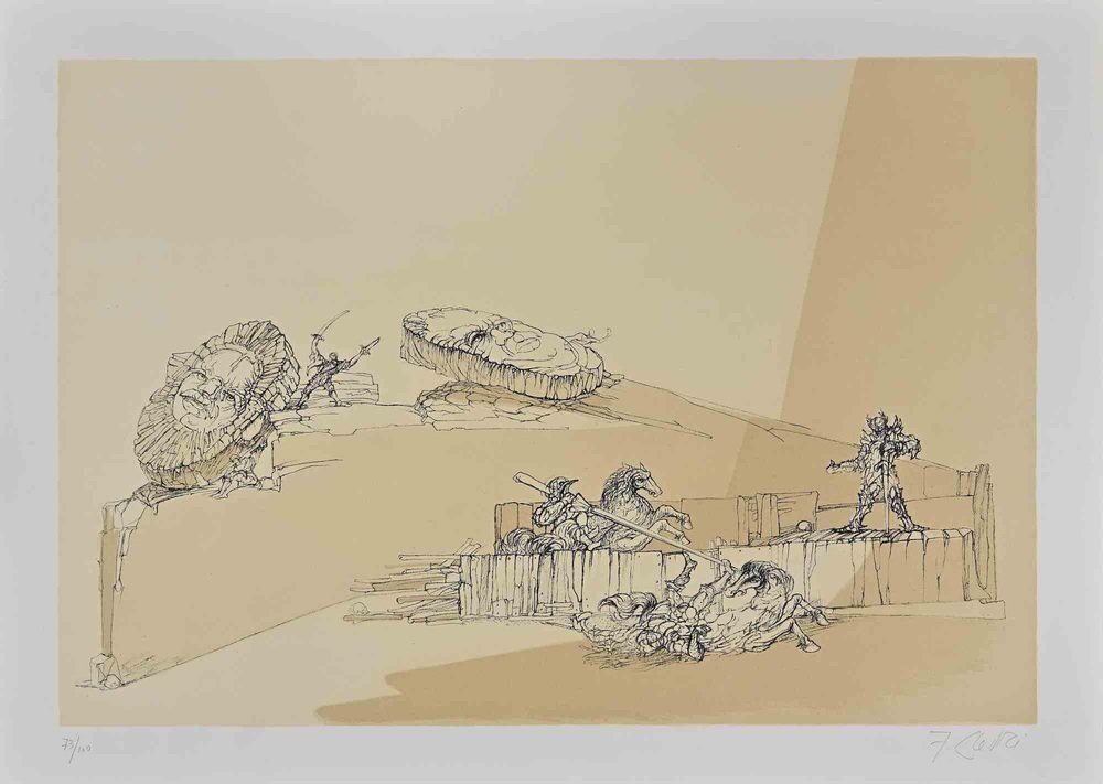 Fabrizio Clerici, The Battle, Lithograph, 1984