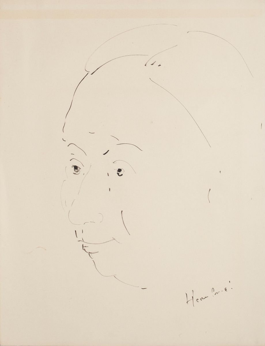 Faces - Four Original China Ink Drawings by Unknown Master 20th Century Mid 20th Century