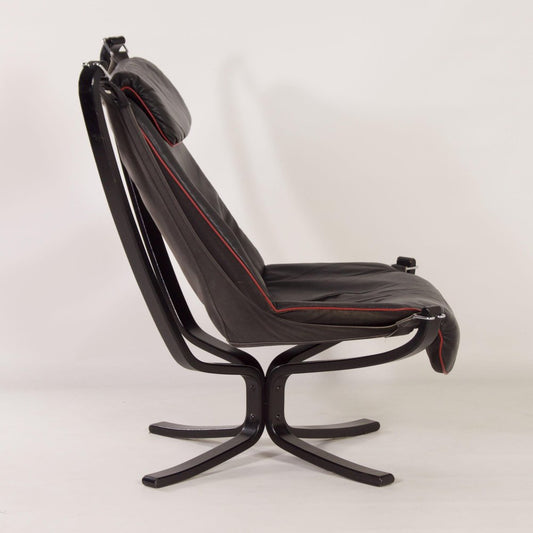 Falcon Chair in Black Leather by Sigurd Russel for Vatne Mobler, 1980s