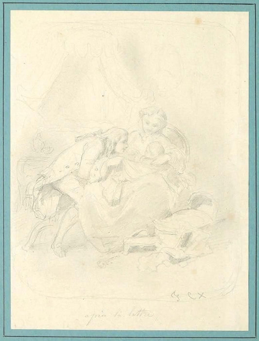 Family Portrait - Black and white drawing on paper glued on cardboard - 1800 19th Century