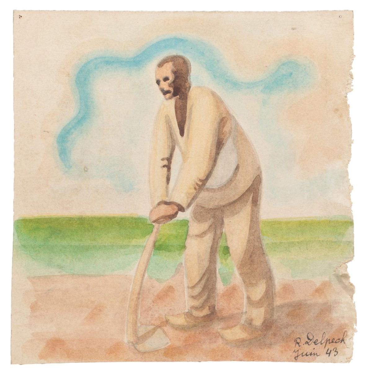 Farmer - Original Watercolor on Paper by J. Delpech after Millet - 1943 1943