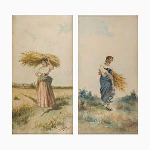 Farmers with Bundle of Spikes - Pair of Watercolors on Paper - 1892 1892-ZCI-758952