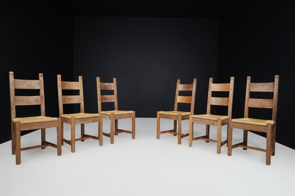 Farmhouse Oak and Rush Dining Chairs, 1960s, Set of 6-TRW-1797083