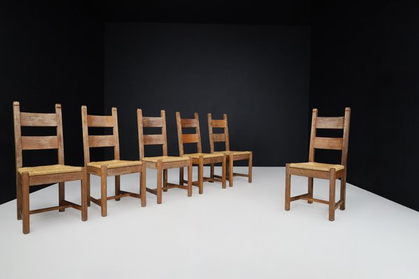 Farmhouse Oak and Rush Dining Chairs, 1960s, Set of 6-TRW-1797083