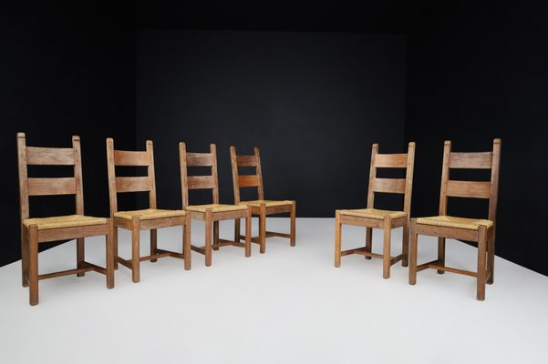 Farmhouse Oak and Rush Dining Chairs, 1960s, Set of 6-TRW-1797083