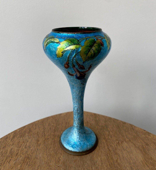 Faure Shape Enamel Vase with Floral Decor by Camille Marty for Alexandre Limoges, 1930s