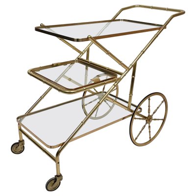 Faux Bamboo Brass & Glass Serving Bar Cart, Italy, 1960s-LYQ-1171342