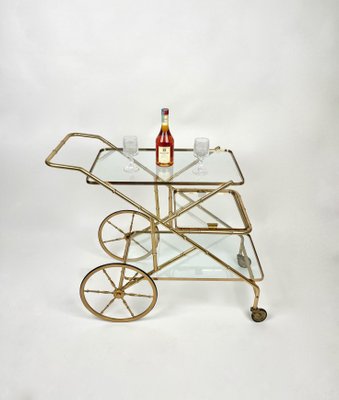 Faux Bamboo Brass & Glass Serving Bar Cart, Italy, 1960s-LYQ-1171342