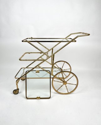 Faux Bamboo Brass & Glass Serving Bar Cart, Italy, 1960s-LYQ-1171342