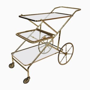 Faux Bamboo Brass & Glass Serving Bar Cart, Italy, 1960s-LYQ-1171342