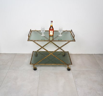 Faux Bamboo Brass & Smoked Glass Serving Cart from Rue Royale, France, 1960s-LYQ-1219153