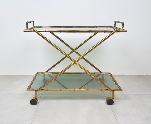 Faux Bamboo Brass & Smoked Glass Serving Cart from Rue Royale, France, 1960s-LYQ-1219153