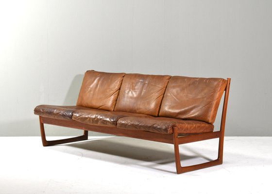 Fd130 Teak Sofa in Cognac Leather Peter Hvidt for France & Søn / France & Daverkosen, Denmark, 1950s-TE-1783751