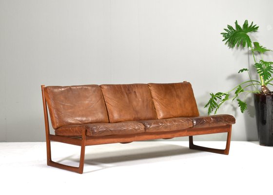 Fd130 Teak Sofa in Cognac Leather Peter Hvidt for France & Søn / France & Daverkosen, Denmark, 1950s-TE-1783751