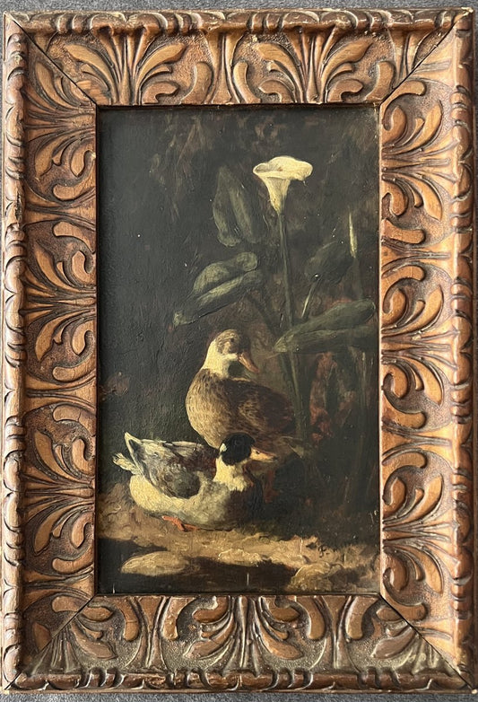 Federico Jiménez Y Fernández, Ducks in the Pond, Oil on Panel, Framed