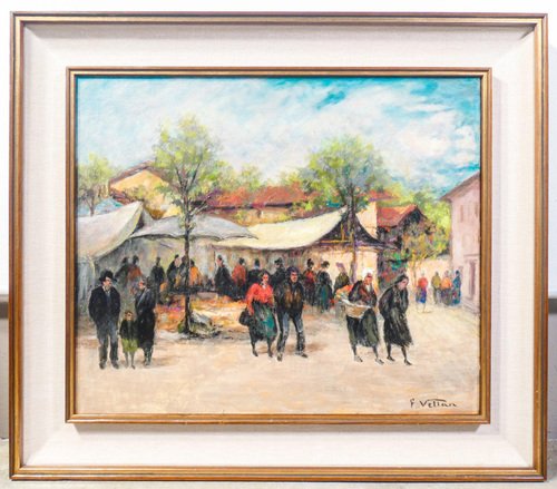 Felice Vellan, Market in Mazzè, 1965, Oil Painting