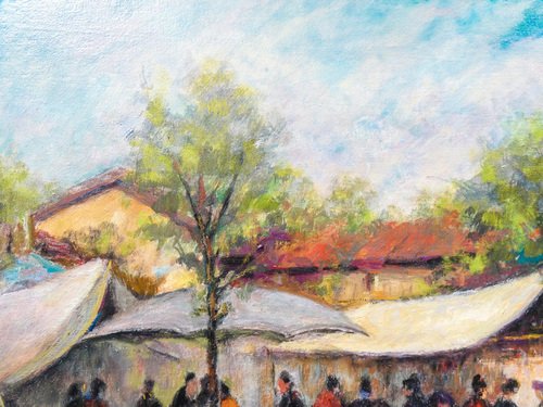 Felice Vellan, Market in Mazzè, 1965, Oil Painting