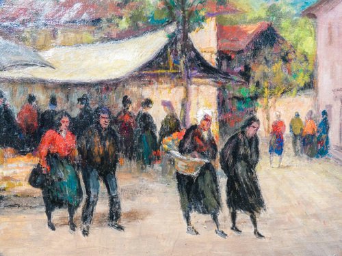 Felice Vellan, Market in Mazzè, 1965, Oil Painting