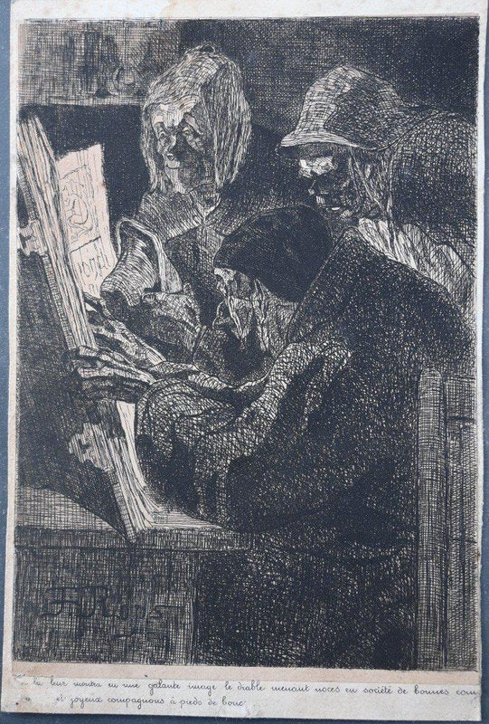 Felicien Rops, Figurative Scene, Drypoint Engraving, 1800s