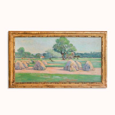 Felix Rasumny, Haystacks in a Field at Harvest Time, 1890s-1910s, Oil on Canvas, Framed-YK-2020890