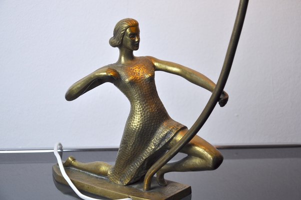 Female Archer Lamp in Brass and Opaline Glass, France, 1950s-EJE-958688