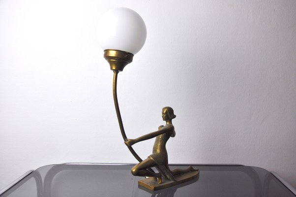 Female Archer Lamp in Brass and Opaline Glass, France, 1950s-EJE-958688