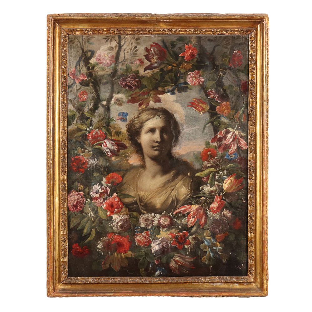 Female Bust and Flower Garland, 1600s-1700s, Painting on Canvas, Framed