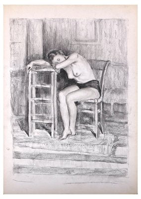 Femme Assise - Original Charcoal Drawing on Paper - Late 20th Century Late 20th Century-ZCI-761042