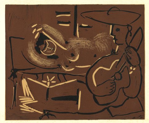 Femme Couchée et Guitariste - Original Linocut After Pablo Picasso - 1962 1962-ZCI-761933