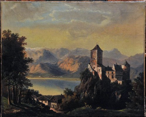 Ferdinand Lepié, Alpine Landscape with a Castle, 1800s, Oil on Canvas-QOR-2017288