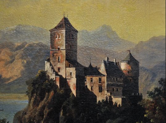 Ferdinand Lepié, Alpine Landscape with a Castle, 1800s, Oil on Canvas-QOR-2017288