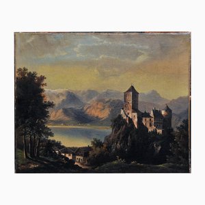 Ferdinand Lepié, Alpine Landscape with a Castle, 1800s, Oil on Canvas-QOR-2017288