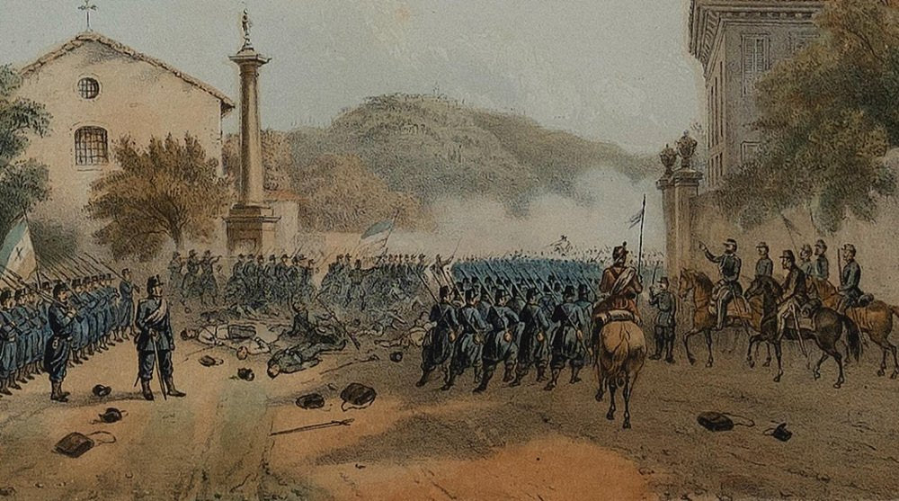 Ferdinando Perrin, Defense of Varese by Giuseppe Garibaldi, Lithograph, 1860