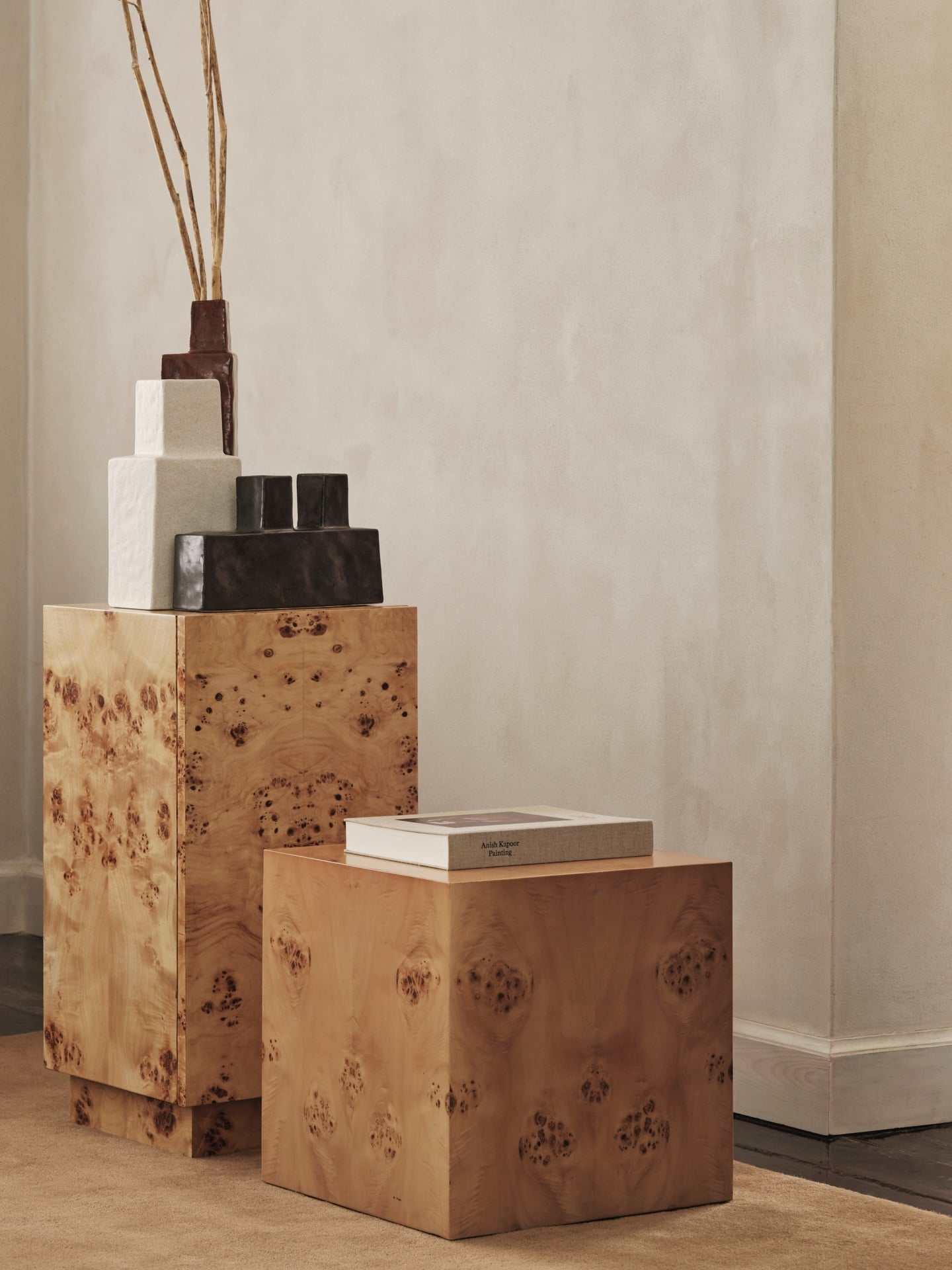 Burl side table with cabinet, natural