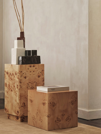 Burl side table with cabinet, natural