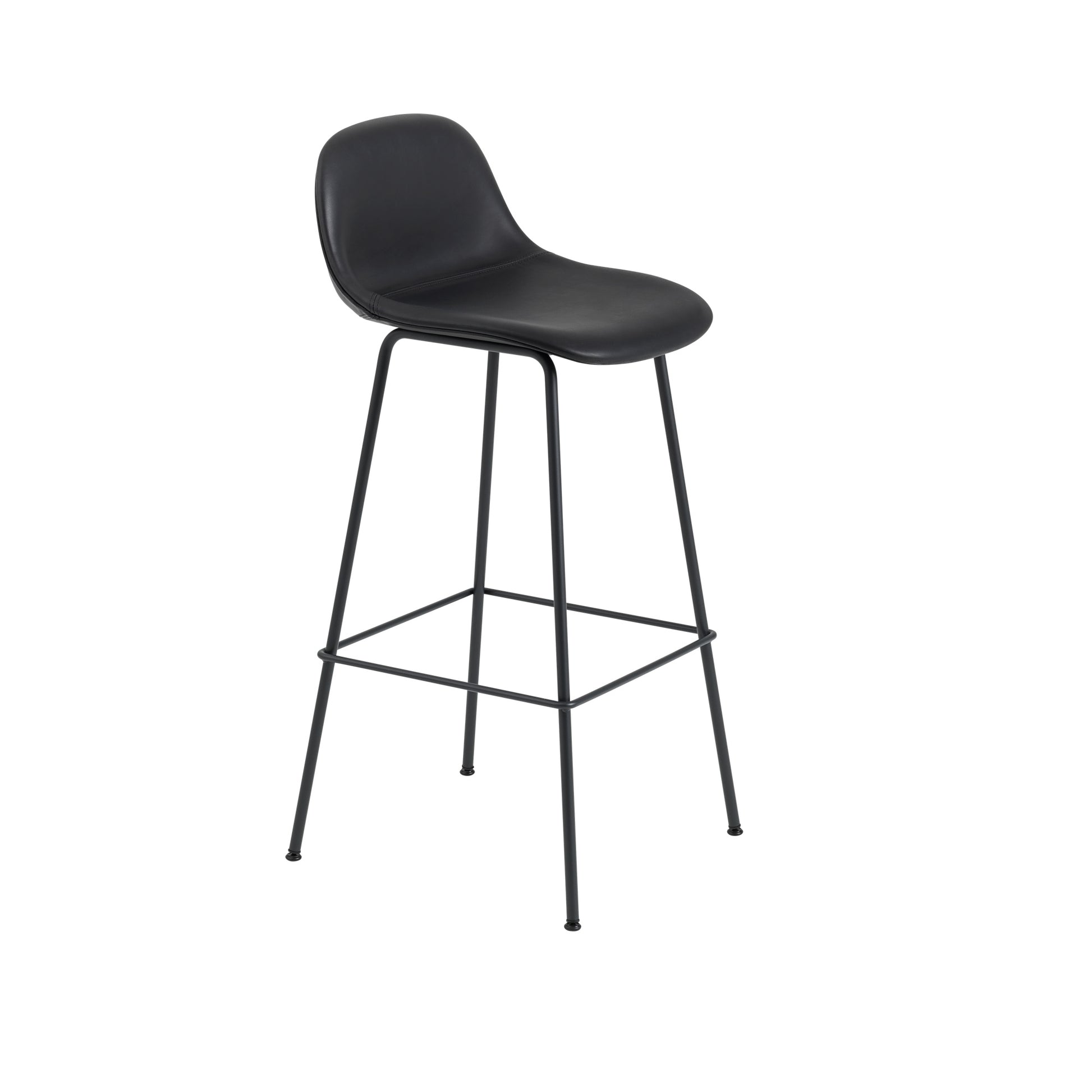 Fiber Bar Stool w. Tube Base And Backrest by Muuto #H97.5 cm/ Leather Upholstered Black