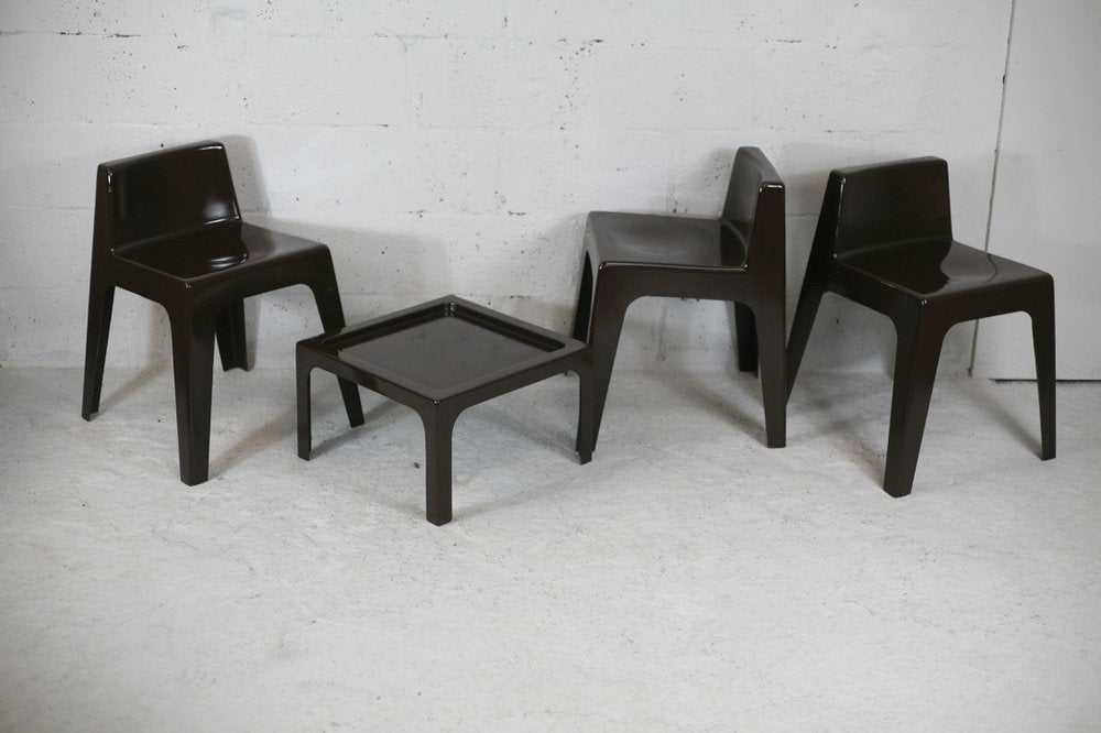 Fibreglass Chocolate Color Chairs and Coffee Table, France, 1970s, Set of 4