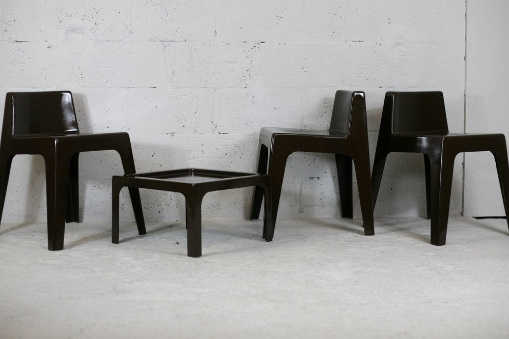 Fibreglass Chocolate Color Chairs and Coffee Table, France, 1970s, Set of 4-MAO-1034710