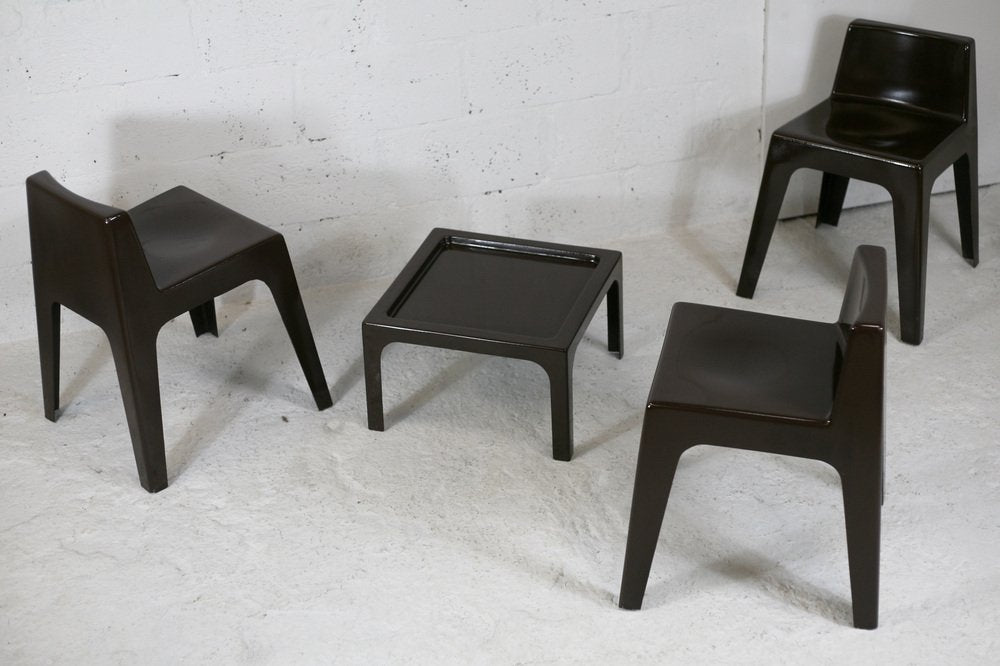 Fibreglass Chocolate Color Chairs and Coffee Table, France, 1970s, Set of 4-MAO-1034710