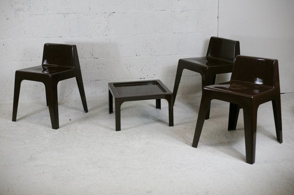 Fibreglass Chocolate Color Chairs and Coffee Table, France, 1970s, Set of 4-MAO-1034710