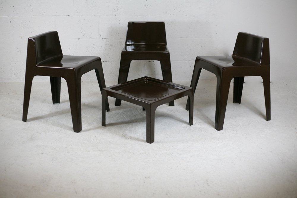 Fibreglass Chocolate Color Chairs and Coffee Table, France, 1970s, Set of 4