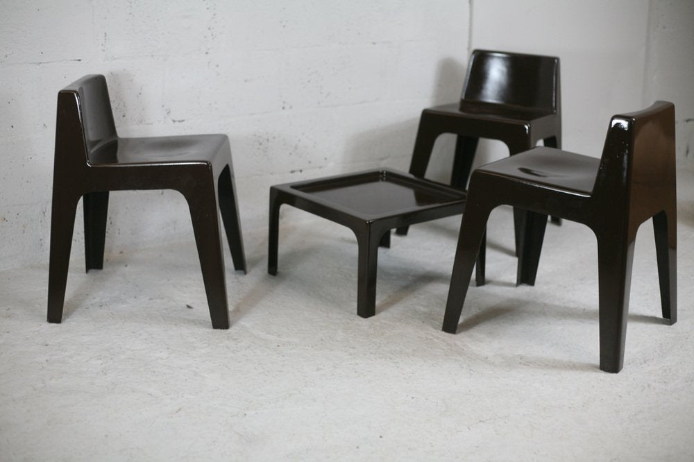 Fibreglass Chocolate Color Chairs and Coffee Table, France, 1970s, Set of 4-MAO-1034710