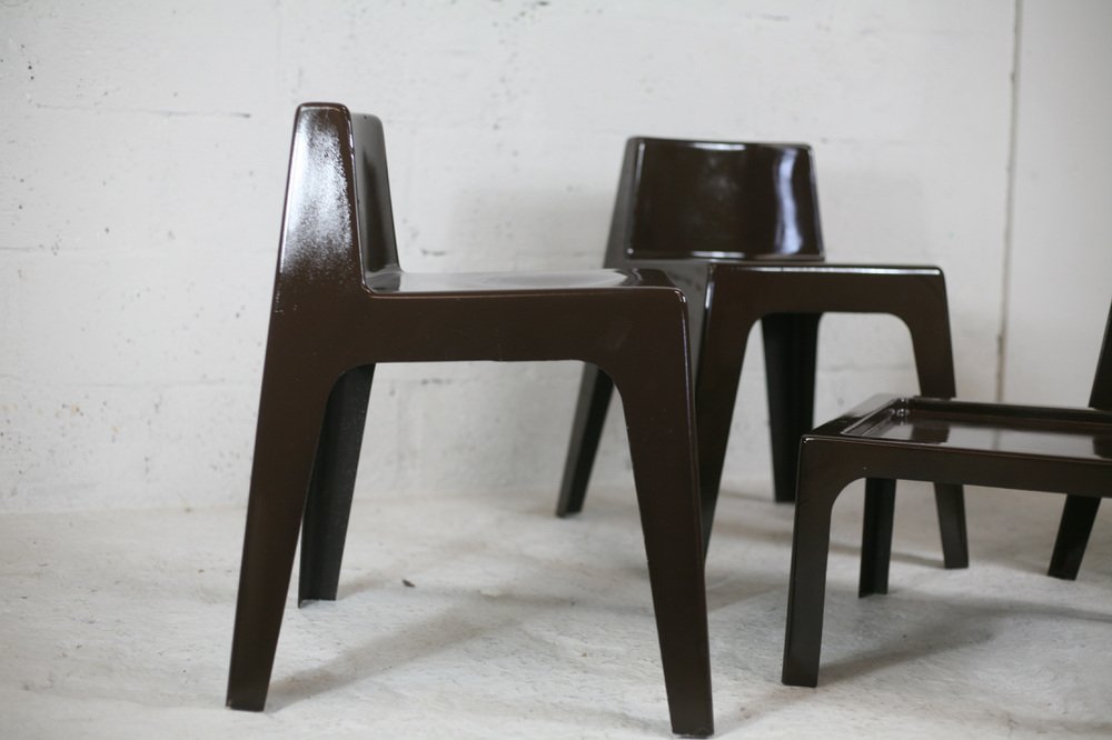 Fibreglass Chocolate Color Chairs and Coffee Table, France, 1970s, Set of 4