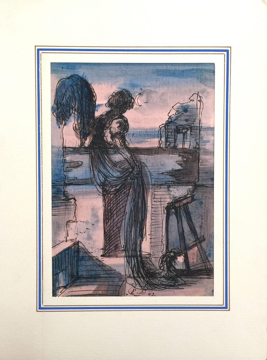 Figure at Sunset - Original Ink and Watercolor Drawing by Eugène Berman 1942