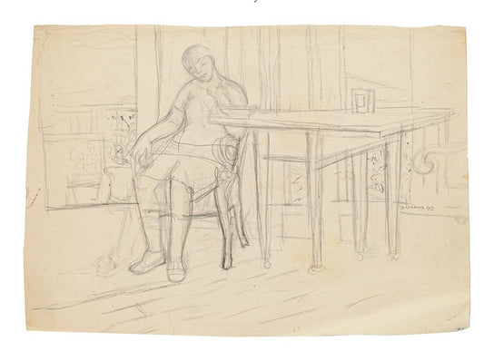 Figure in Interior - Original Pencil Drawing by Jeanne Daour - 1940 1940