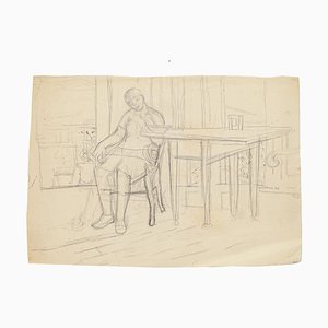 Figure in Interior - Original Pencil Drawing by Jeanne Daour - 1940 1940-ZCI-758318